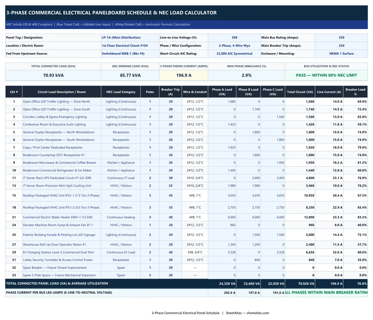 Preview of 3-Phase Commercial Electrical Panel Schedule Excel Template (208Y/120V & 480Y/277V NEC Load Calculator)