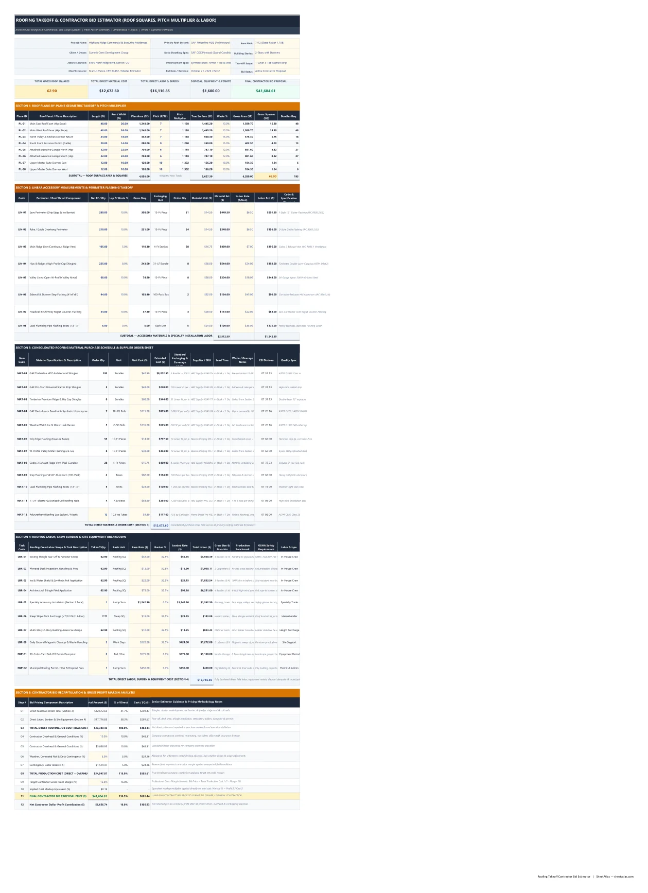 Preview of Roofing Takeoff & Contractor Bid Estimator Excel Template (Roof Squares, Pitch Multiplier, Bundles & Labor)
