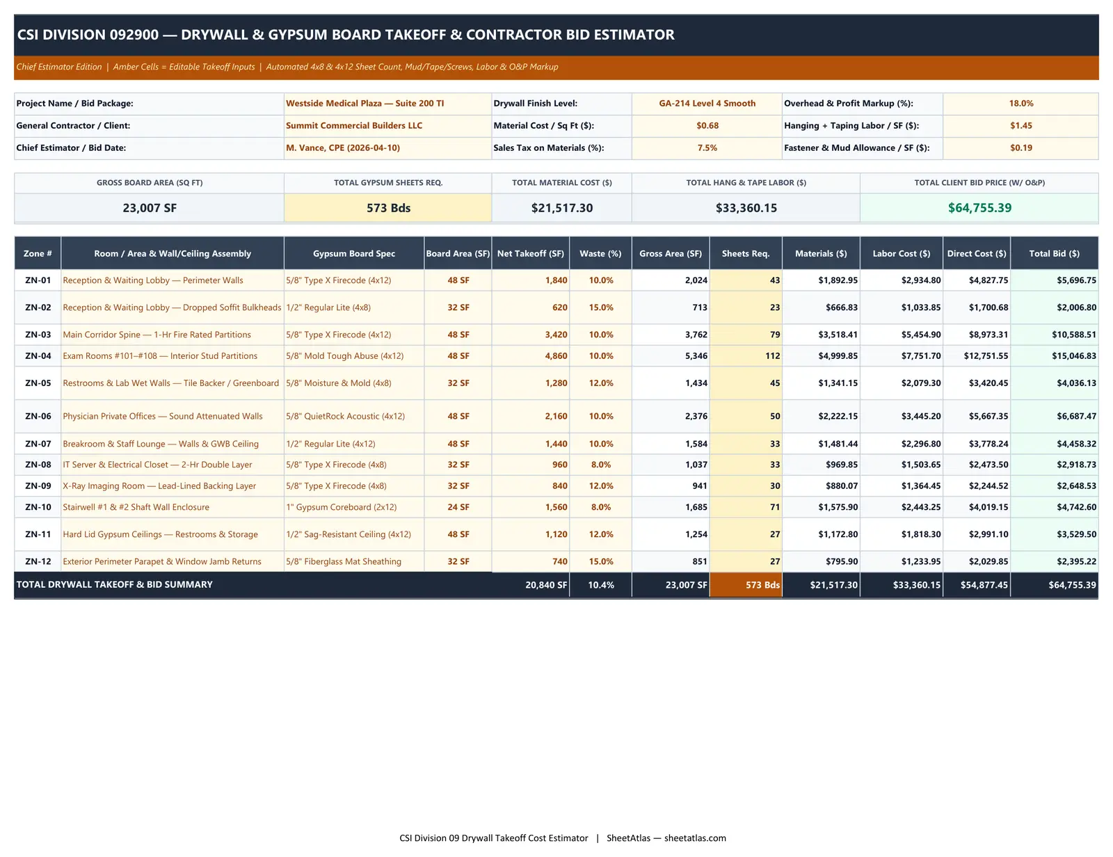 Preview of Drywall Takeoff & Material Cost Estimator Excel Spreadsheet (4x8 & 4x12 Sheet Count, Mud, Tape & Labor)