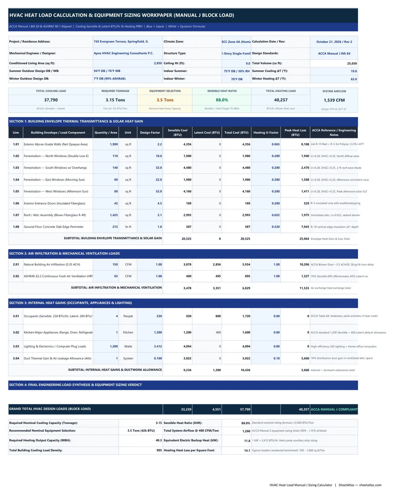 Preview of HVAC Heat Load Calculation Excel Spreadsheet (Manual J Block Load, BTU/hr & Tonnage Sizing Calculator)