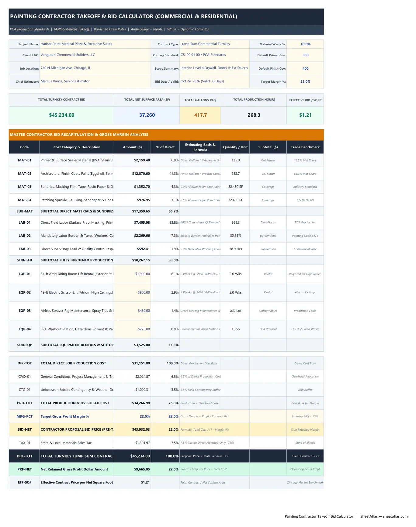 Preview of Painting Contractor Takeoff & Bid Calculator Excel Spreadsheet (Interior/Exterior Sq Ft, Gallons & Labor Production)