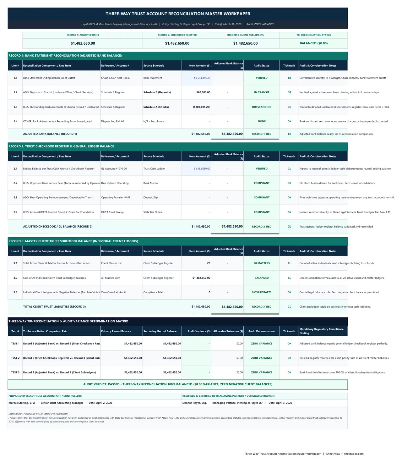 Preview of Three-Way Trust Account Reconciliation Excel Template (Law Firm IOLTA & Property Management Audit Sheet)