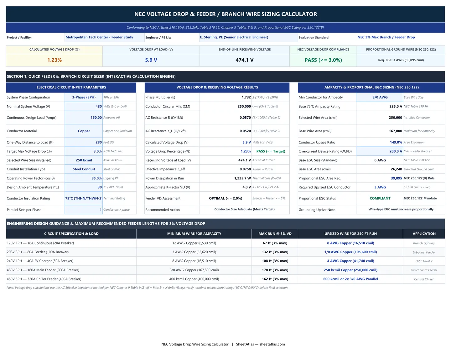 Preview of NEC Voltage Drop & Copper/Aluminum Wire Sizing Calculator Excel Sheet (1-Phase & 3-Phase Feeder & Branch)